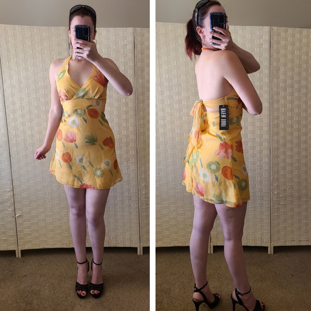 NWT Vintage 90s Y2K Byer Too Brand Yellow Halter Dress Fit & Flare Mini Size 7